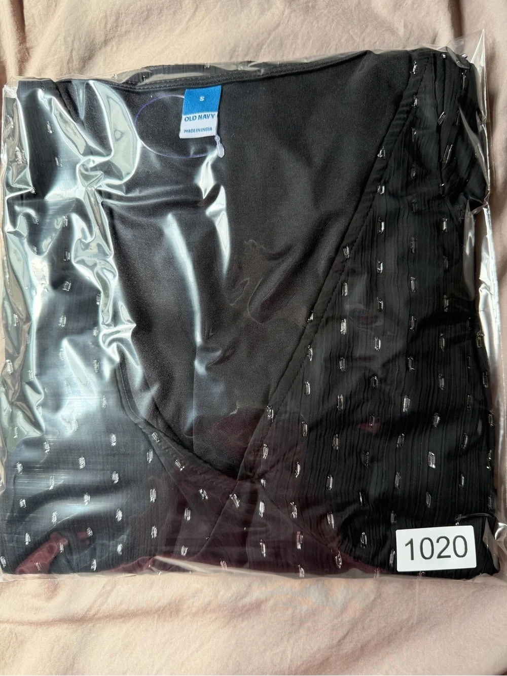 Babydoll V-Neck Womens Black Mini Dress With Silver Polka Dots Size S Tie Back
